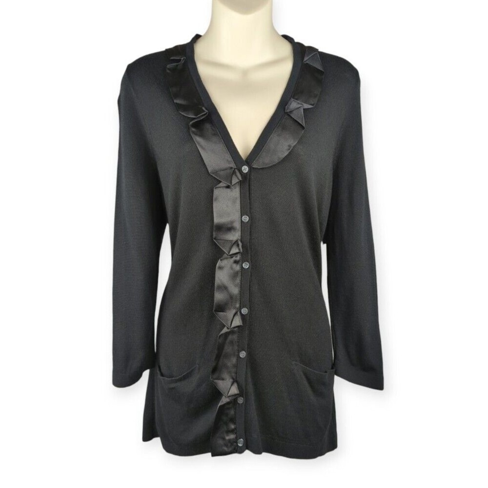 T Tahari Bevan Black Cardigan Sweater Silky Ruffled Accents 3/4 Slv Soft Tunic S